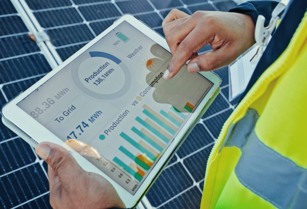 Person, hands and engineer with tablet screen for solar panel graph, diagnostics or photovoltaic so.